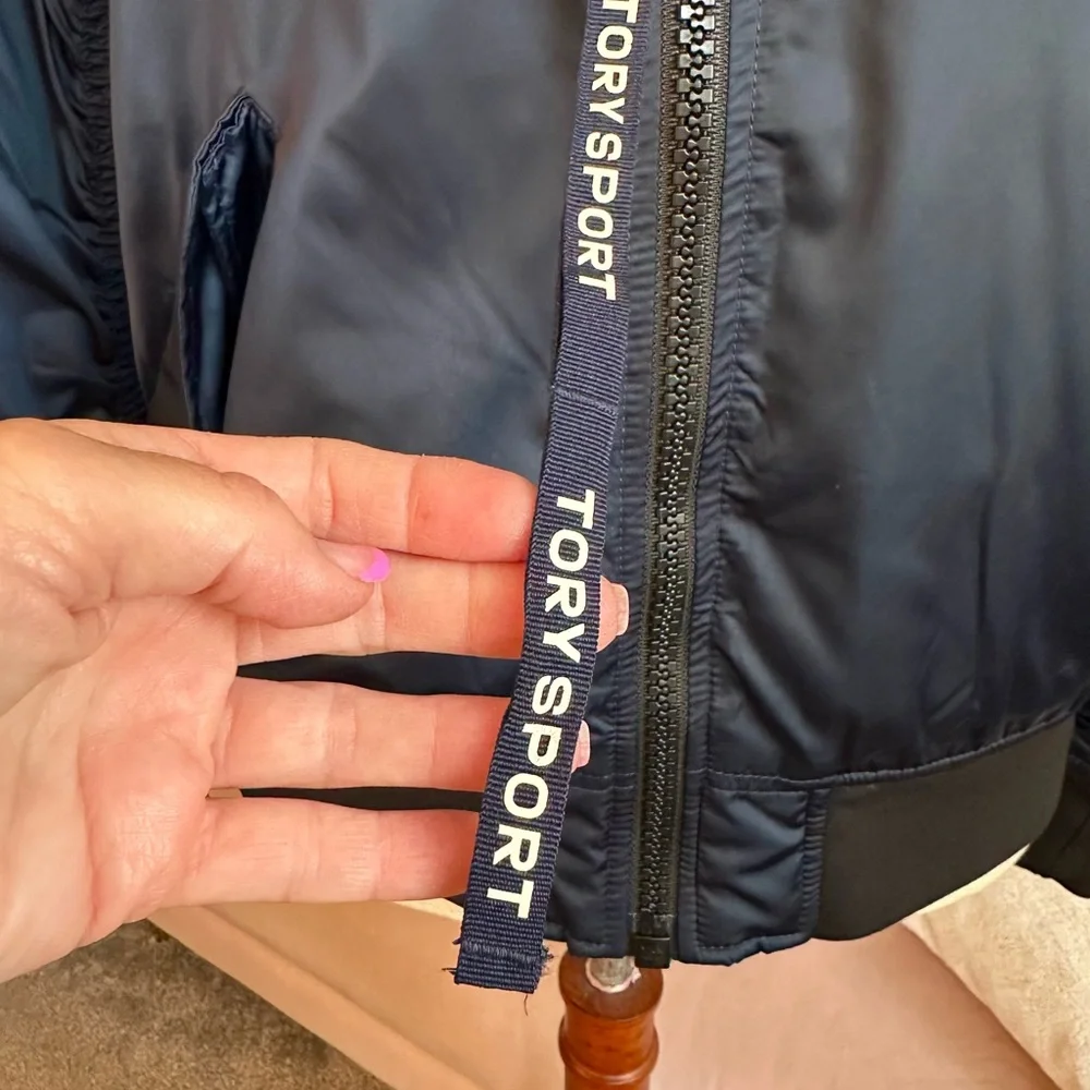 Tory Burch Bomber Jacket Deep Blue Sheen Tory Sport Zipper Pull Oversized Sz XS